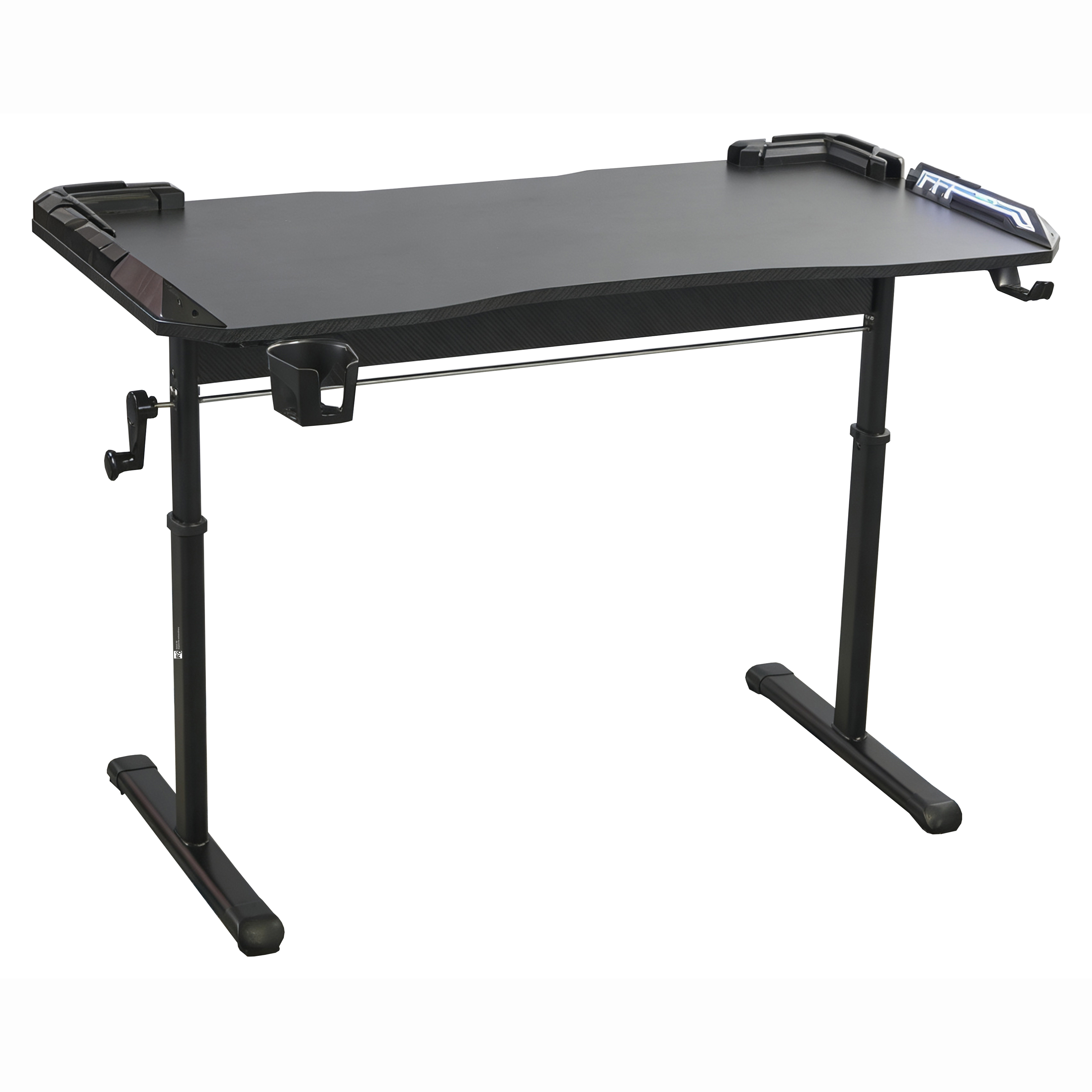 The R8 carbon fiber gaming table features a desktop with a water cup, a headphone stand that can be raised and lowered, and RGB lights. It is a high-quality gaming table