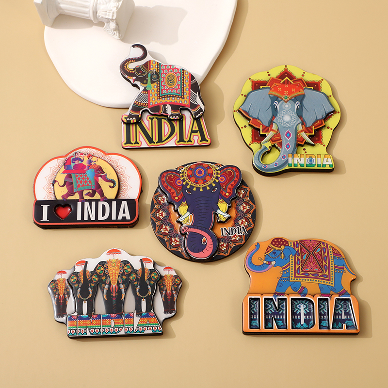 直接工厂 滴胶木质冰箱贴 INDIA印度大象磁贴创意木质冰箱贴旅行纪念品