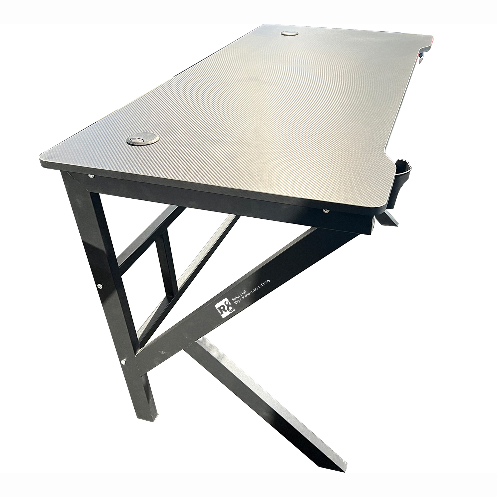 The R8 carbon fiber gaming table features a desktop with a water cup, a headphone stand that can be raised and lowered, and RGB lights. It is a high-quality gaming table details Picture