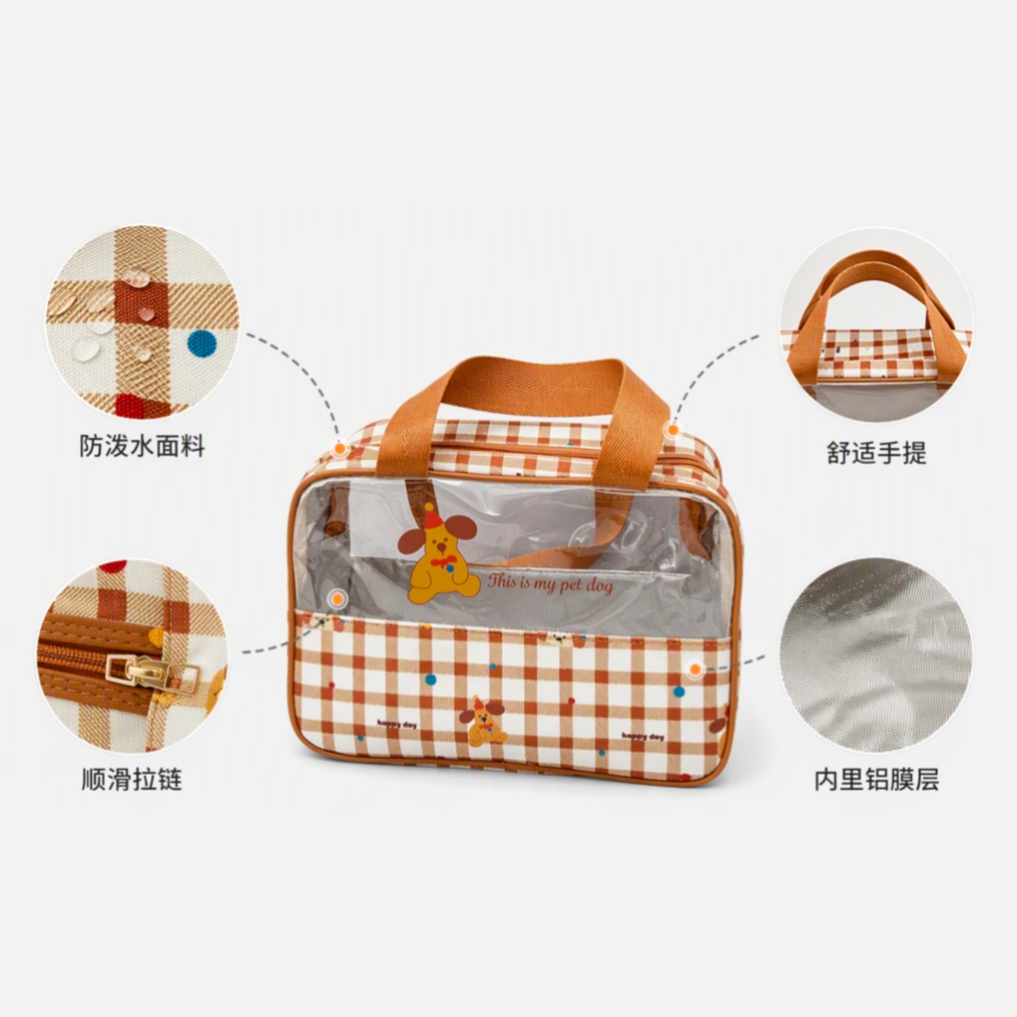 Cute little dog checkered handbag, transparent PVC visible pocket, aluminum foil inner liner, large capacity lunch box bag, portable picnic preservation bag, rice bag Item Picture