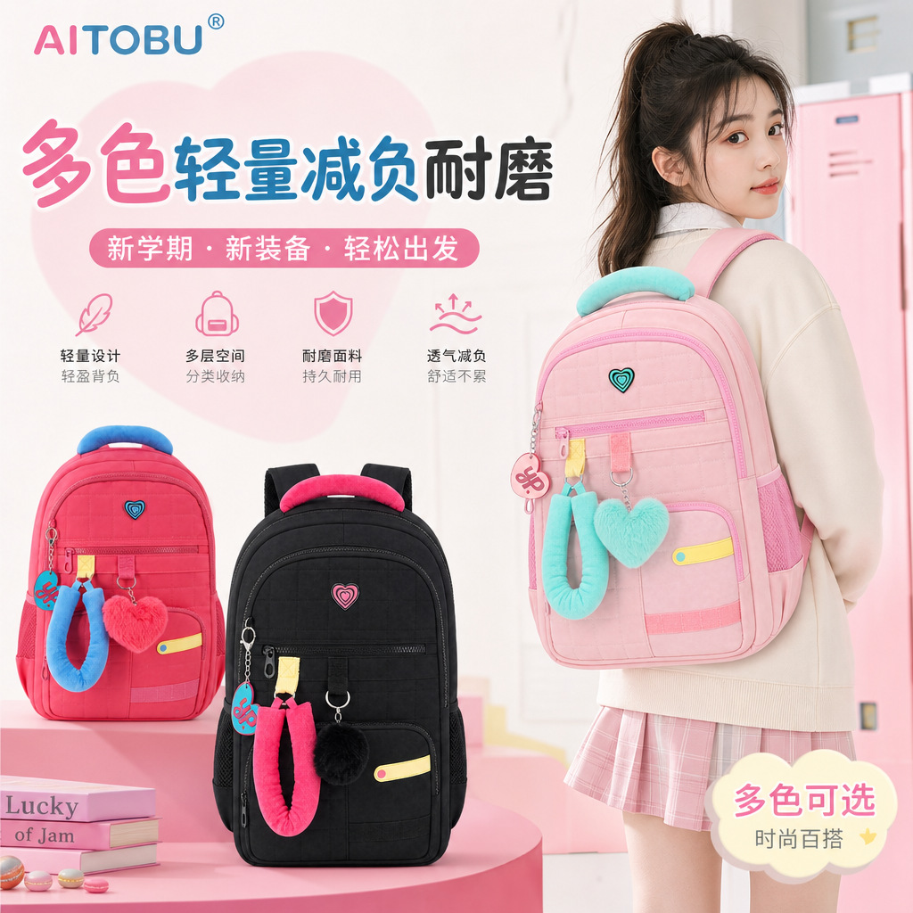 AITOBU新款书包减负学生大容量初中高中生亮色吸睛搭配双肩包背包女