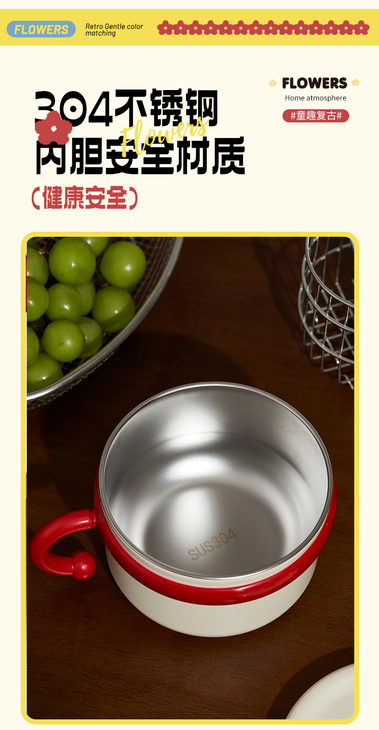 S137-1129 stainless steel instant noodle bowl with lid handle, high appearance level, student dormitory rice bowl lunch box, food grade detail image 3
