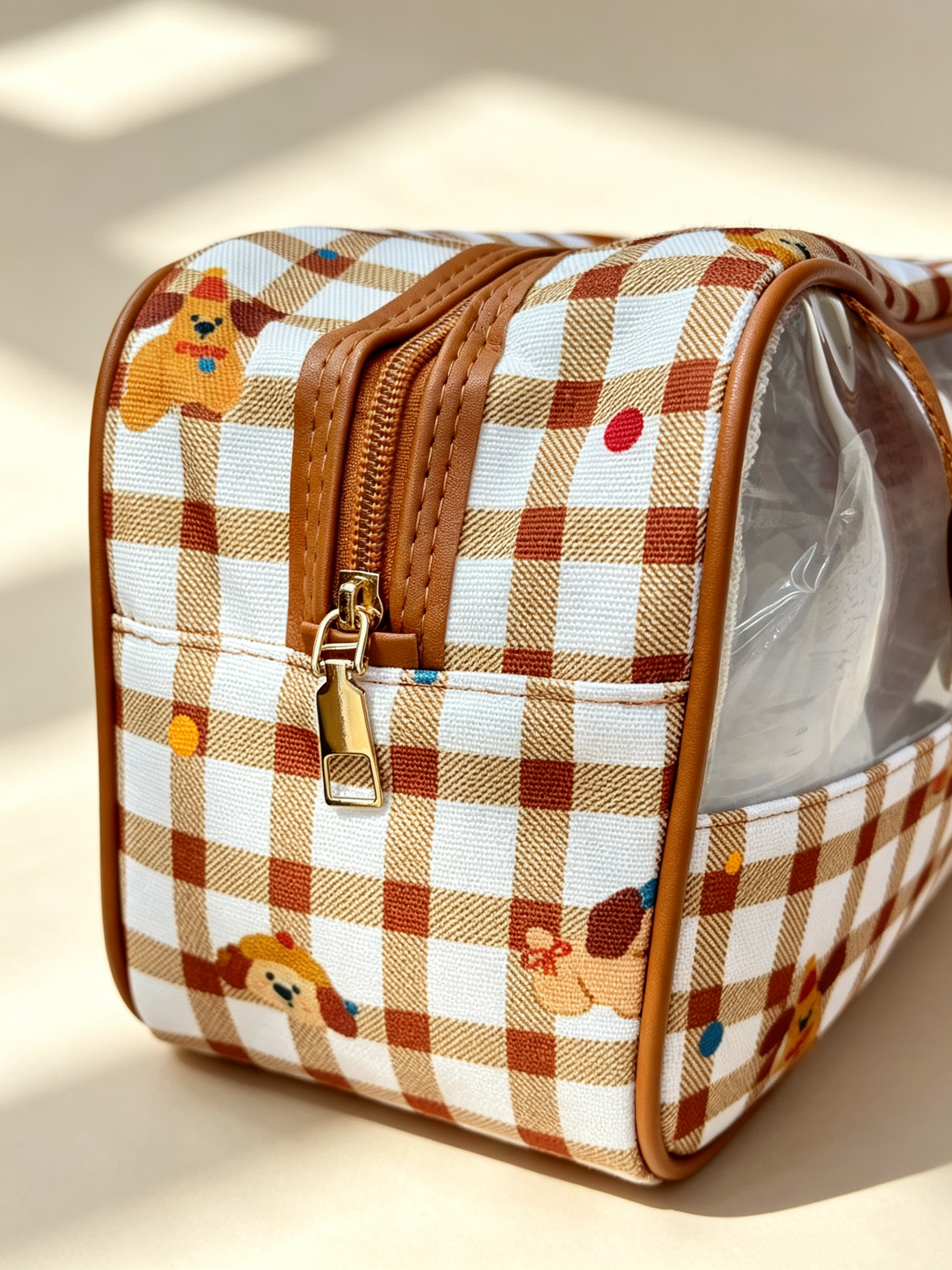 Cute little dog checkered handbag, transparent PVC visible pocket, aluminum foil inner liner, large capacity lunch box bag, portable picnic preservation bag, rice bag details Picture