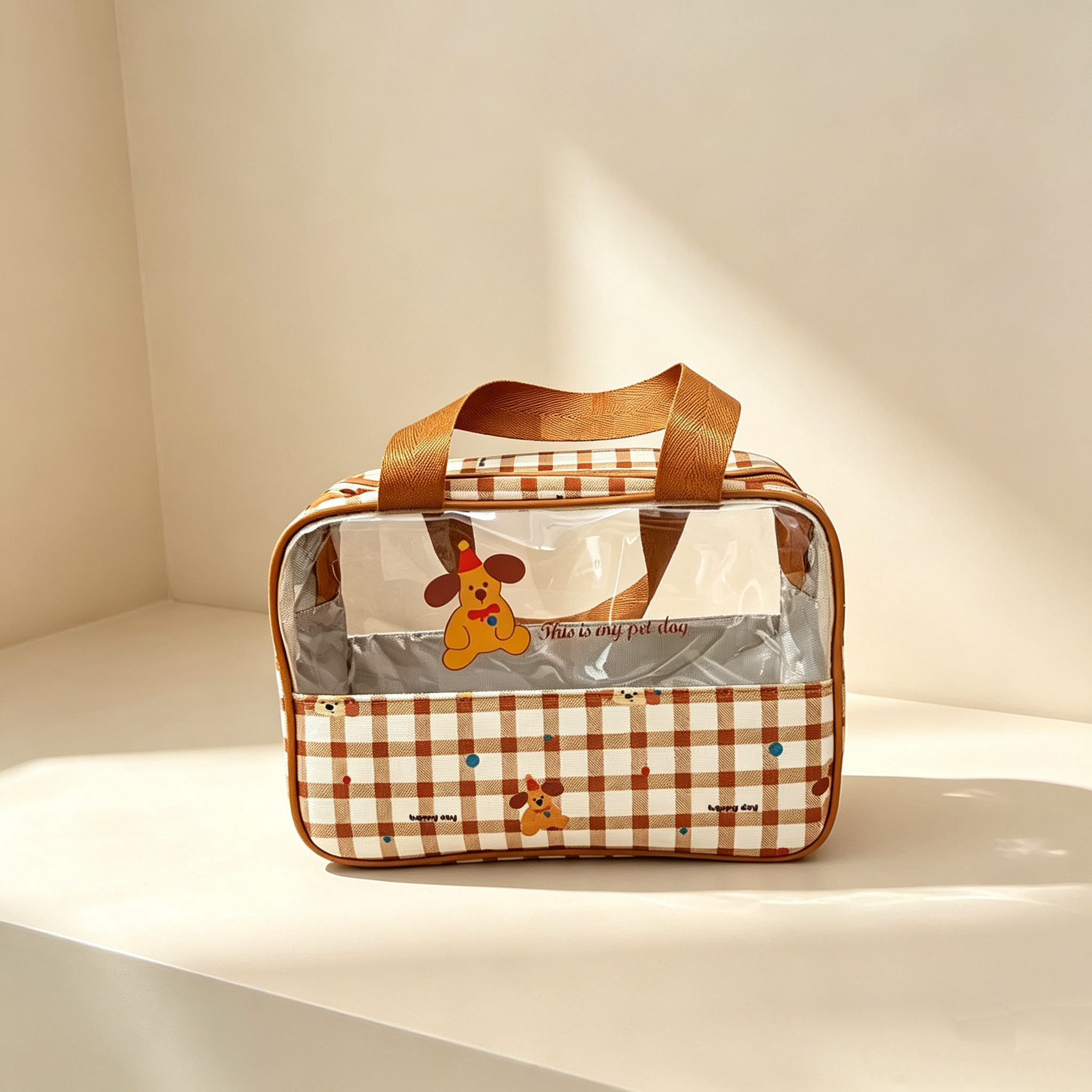 Cute little dog checkered handbag, transparent PVC visible pocket, aluminum foil inner liner, large capacity lunch box bag, portable picnic preservation bag, rice bag