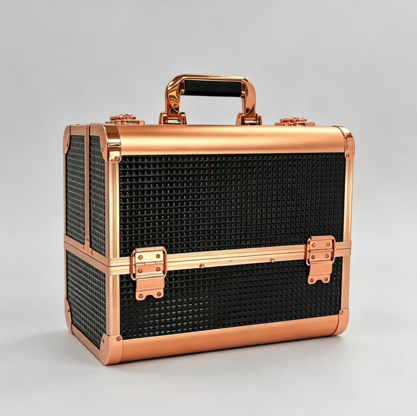Rose gold aluminum alloy ABS fabric grainy hand-held makeup box with diamond-shaped texture, multi-layer unfolding with lock, large-capacity storage box. Professional toolbox for makeup artists, nail and eyelash care, portable makeup storage box, available in multiple colors details Picture