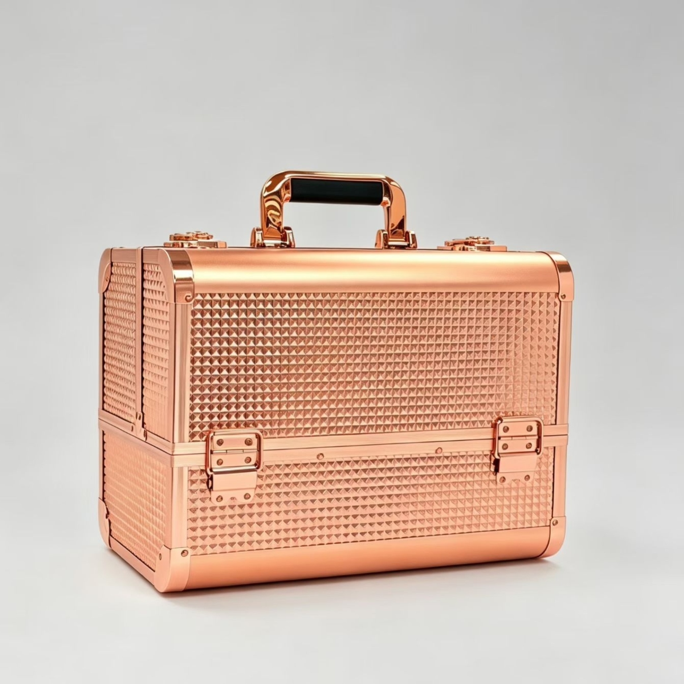 Rose gold aluminum alloy ABS fabric grainy hand-held makeup box with diamond-shaped texture, multi-layer unfolding with lock, large-capacity storage box. Professional toolbox for makeup artists, nail and eyelash care, portable makeup storage box, available in multiple colors Specification image
