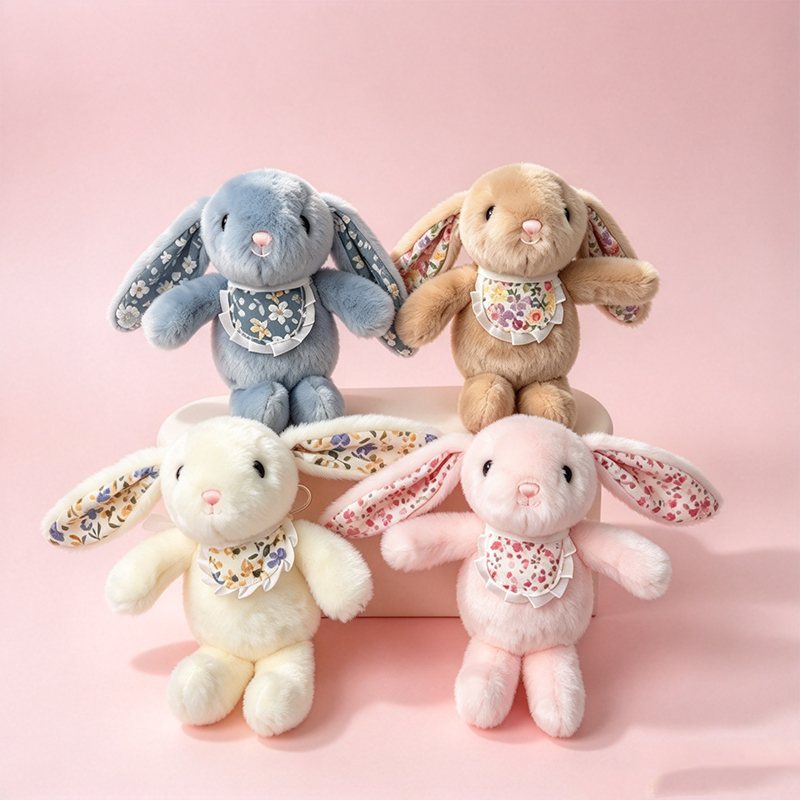 Exquisite and cute floral rabbit dolls, soft and adorable cloth dolls, long-eared rabbit plush pendants, birthday gifts. Wholesale available for export. Four colorful plush rabbit doll sets, cute cloth dolls with floral bibs, suitable as decorative gifts