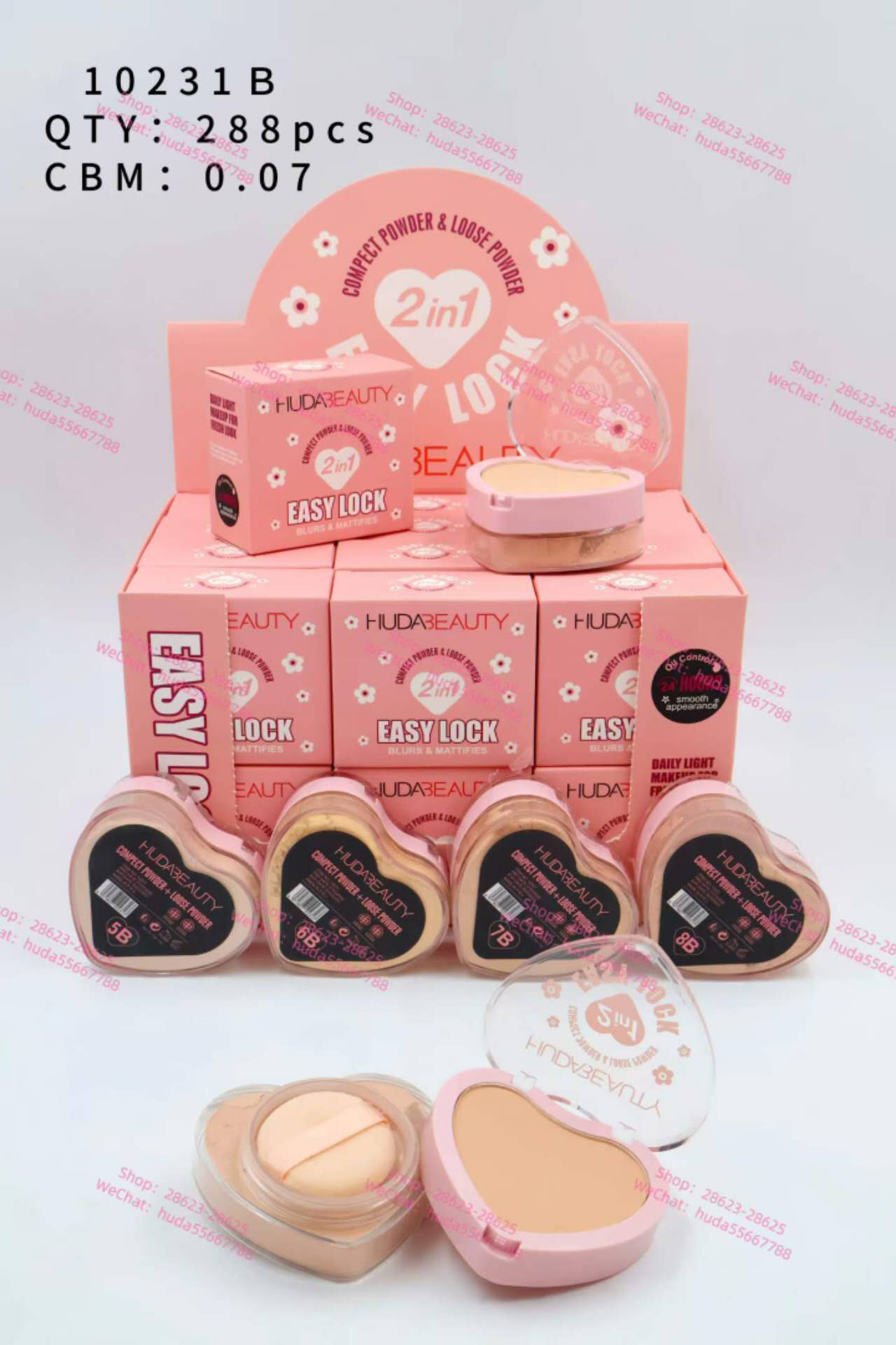 HUDA BEAUTY Pink Heart-shaped Powder Compact Box Sun Protection, Oil Control, Long-lasting Natural Concealing Powder Compact