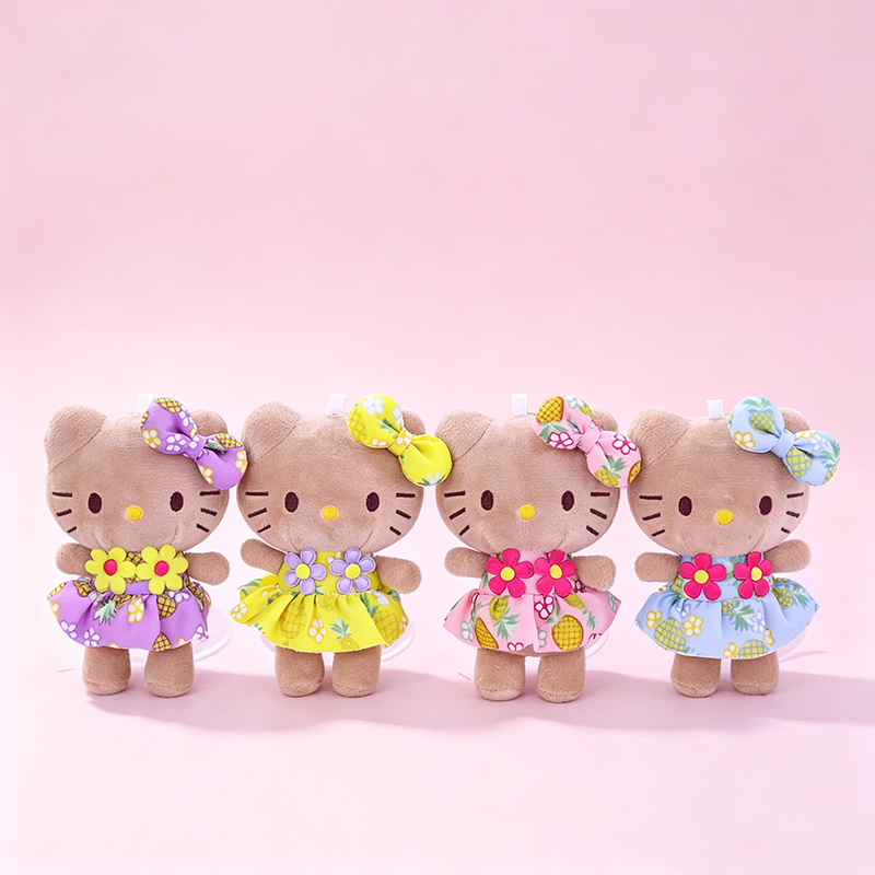 Black leather KT cat plush pendants, schoolbags, keychains, hanging decorations, cute anime merchandise, wholesale available for export, dolls, colorful dresses, Hello Kitty dolls, cute figurines, children's toys, gifts, collectibles