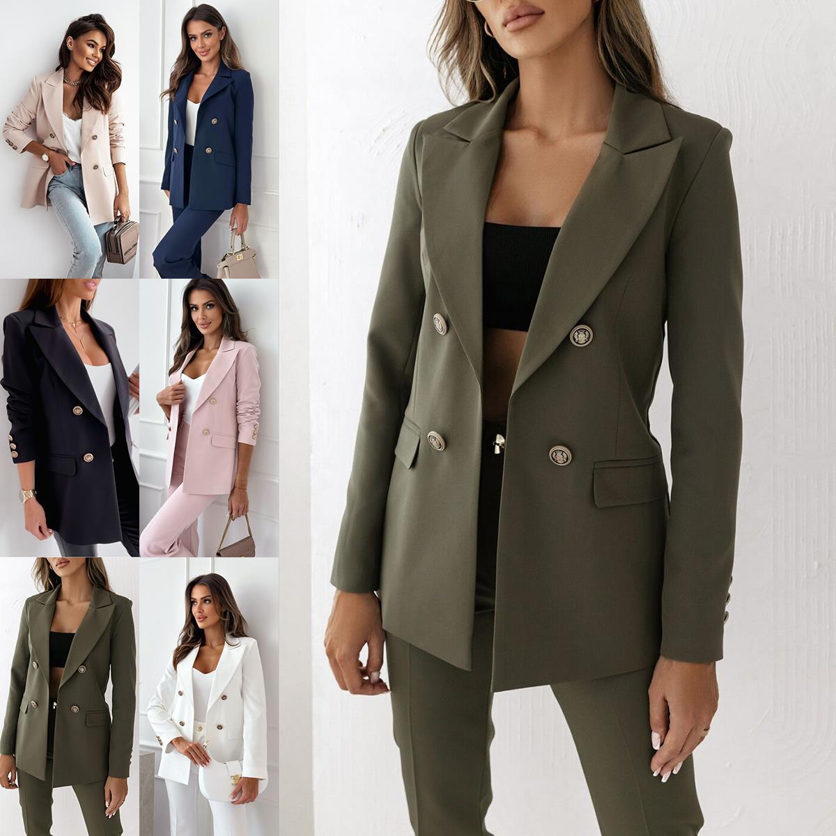 2026 Spring and Autumn New Cross-border Women's Amazon AliExpress European and American double-breasted solid color fashion suit jacket
