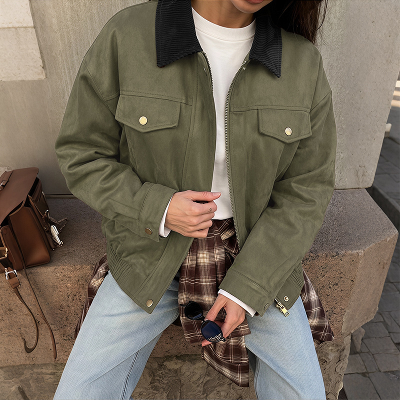 2026 European and American cross-border trade jacket, trendy and fashionable lapel loose women's jacket, autumn new zipper jacket for women Specification image
