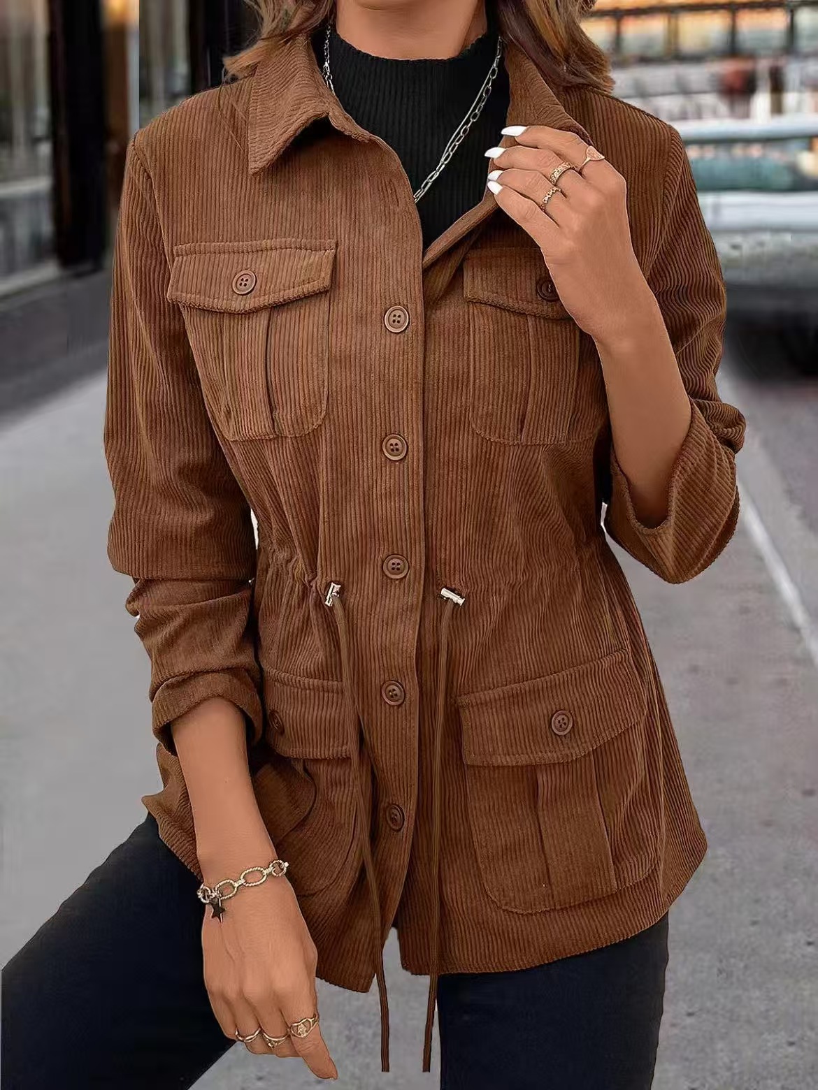 Cross-border foreign trade 2026 Autumn new corduroy lapel jacket women's coat, European and American fitted workwear coat trend Application Scenario