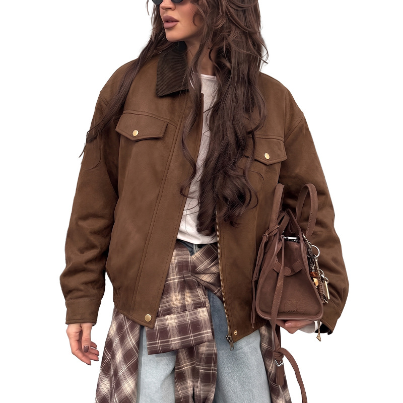 2026 European and American cross-border trade jacket, trendy and fashionable lapel loose women's jacket, autumn new zipper jacket for women