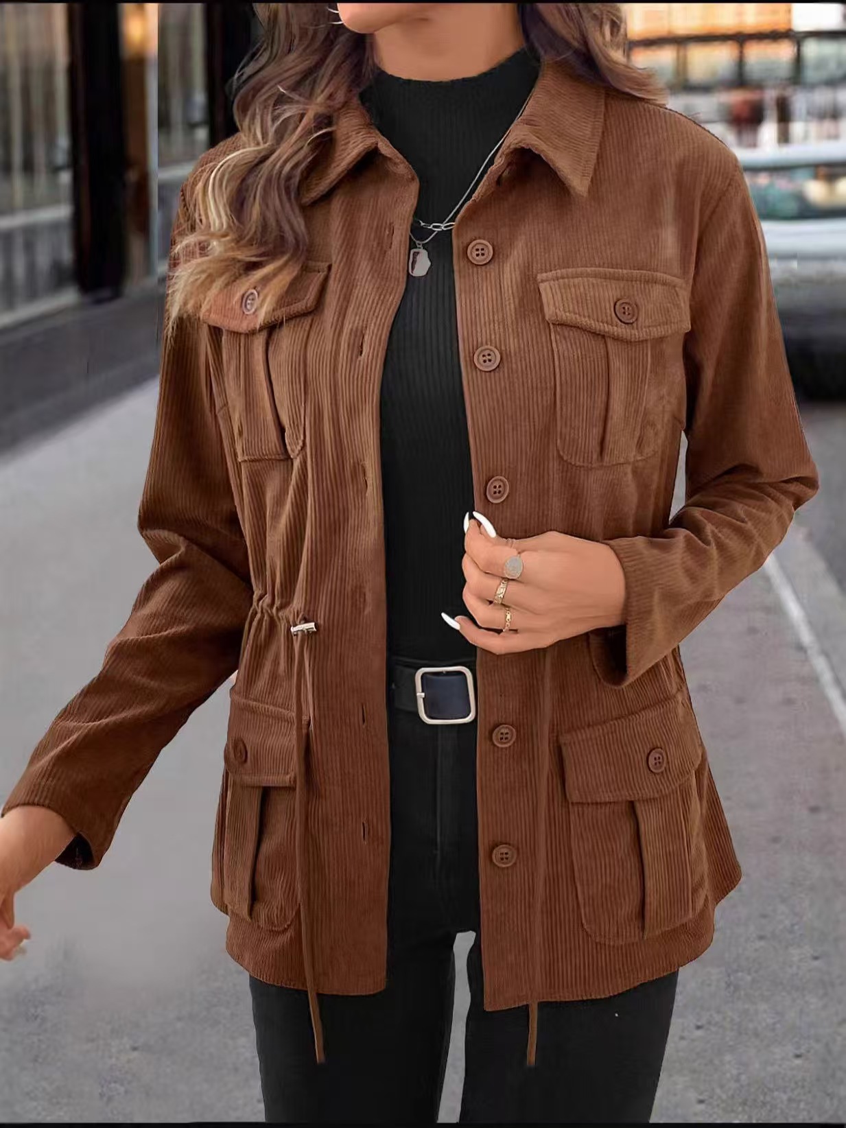 Cross-border foreign trade 2026 Autumn new corduroy lapel jacket women's coat, European and American fitted workwear coat trend