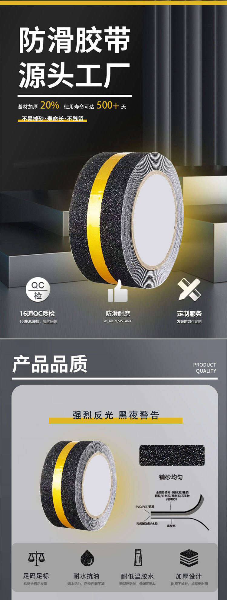 Customized reflective strip anti-slip tape with PET black sand particles in the middle, wear-resistant staircase anti-slip and anti-slip tape, floor warning pic 1