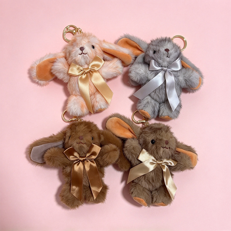 Bow tie rabbit plush pendant, schoolbag keychain pendant, cute cartoon doll doll, foreign trade wholesale station version, four plush rabbit keychains, Mother's Day gift, cute pendant, silk bow, golden pendant ring accessory