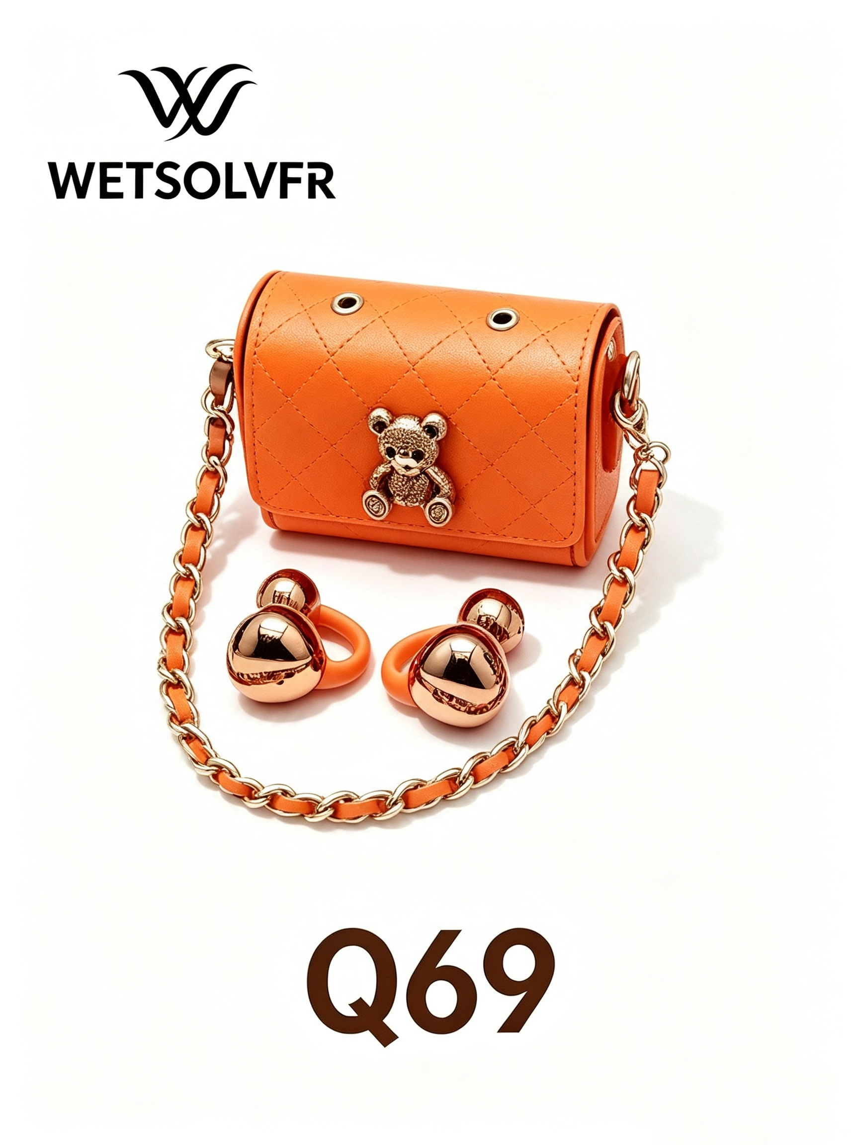 Multi-color diamond-patterned bear decorated chain bag ear clip wireless Bluetooth headphones details Picture
