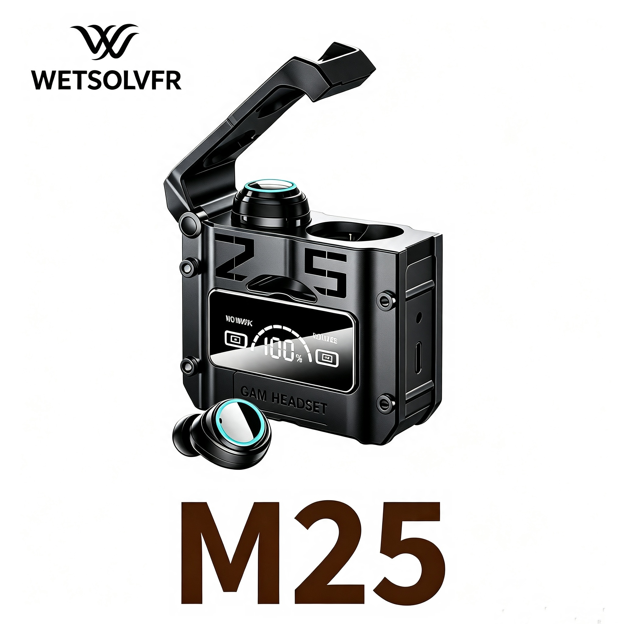 The new M25 Bluetooth headphones feature wireless touch, metal mecha style, low power consumption, and digital display for gaming Specification image