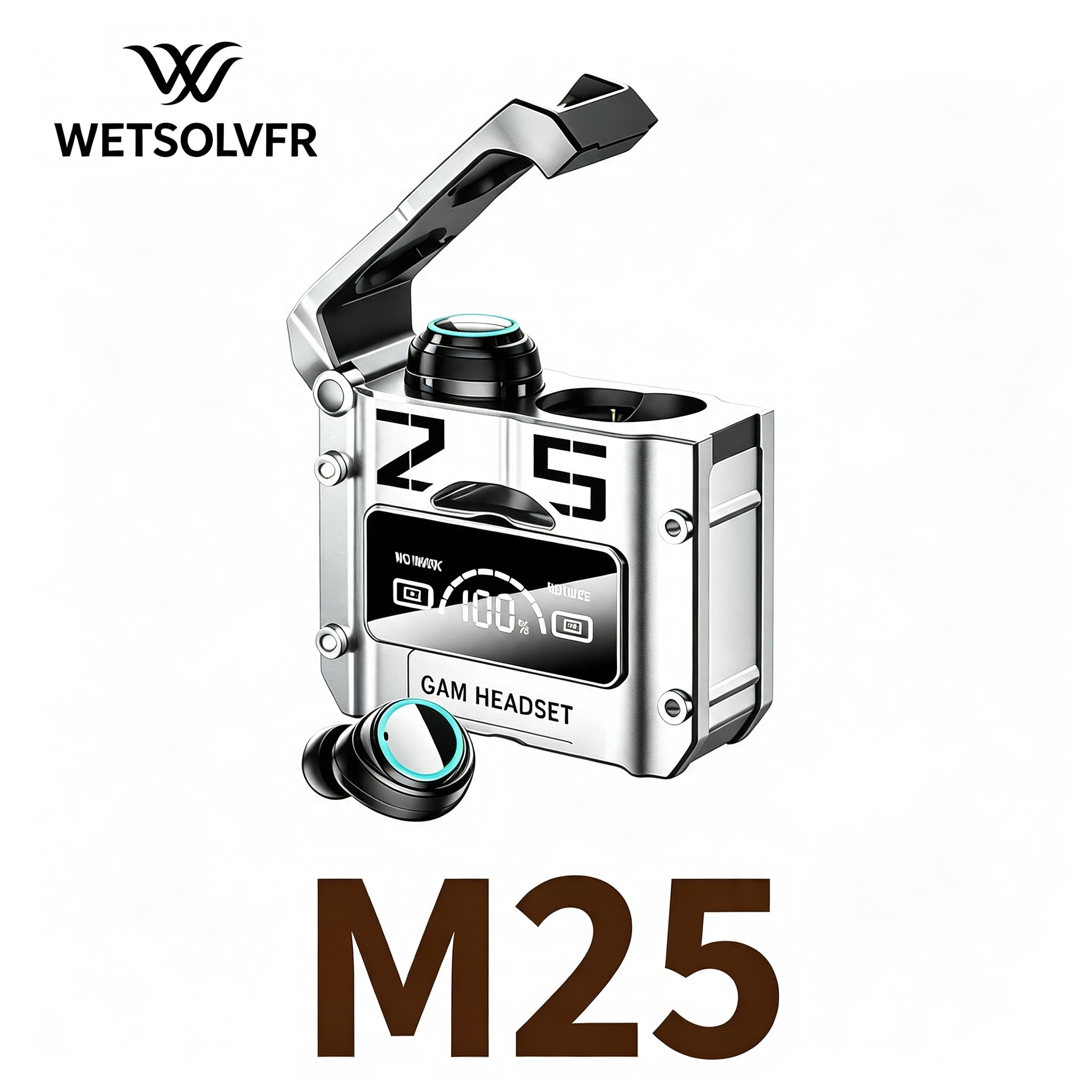 The new M25 Bluetooth headphones feature wireless touch, metal mecha style, low power consumption, and digital display for gaming details Picture