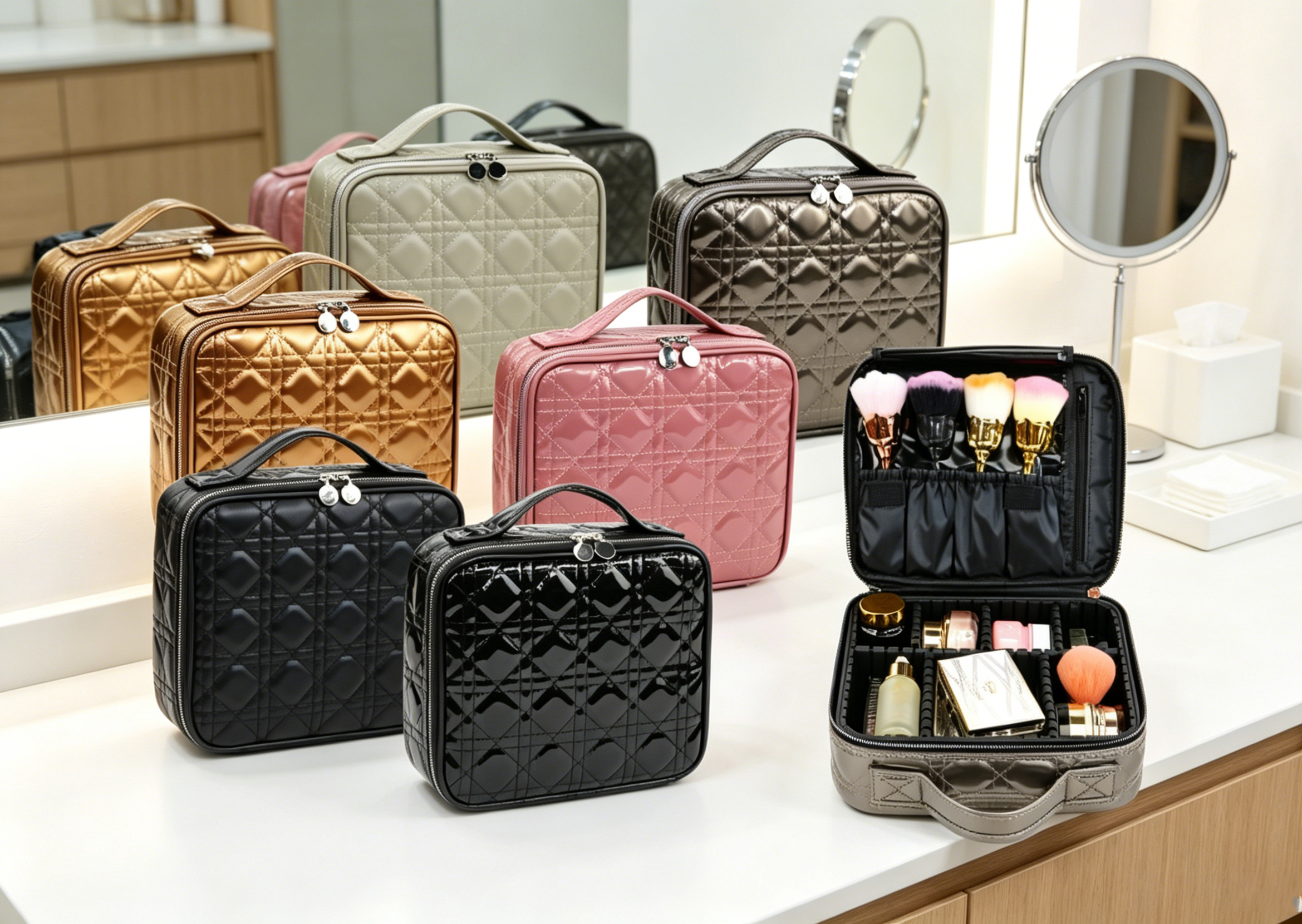 Diamond-shaped glossy makeup bag, large-capacity hand-held cosmetics storage box, adjustable partition for layered storage of makeup, brushes and skin care products, waterproof PU leather, high appearance level, portable travel makeup box, multiple colors available, in stock 0913