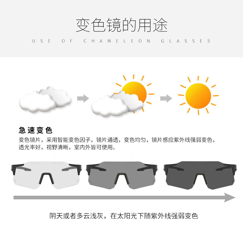 Wholesale mountain bike sports glasses, day and night dual-purpose color-changing sunglasses, men's and women's casual windproof cycling sunglasses detail image 3