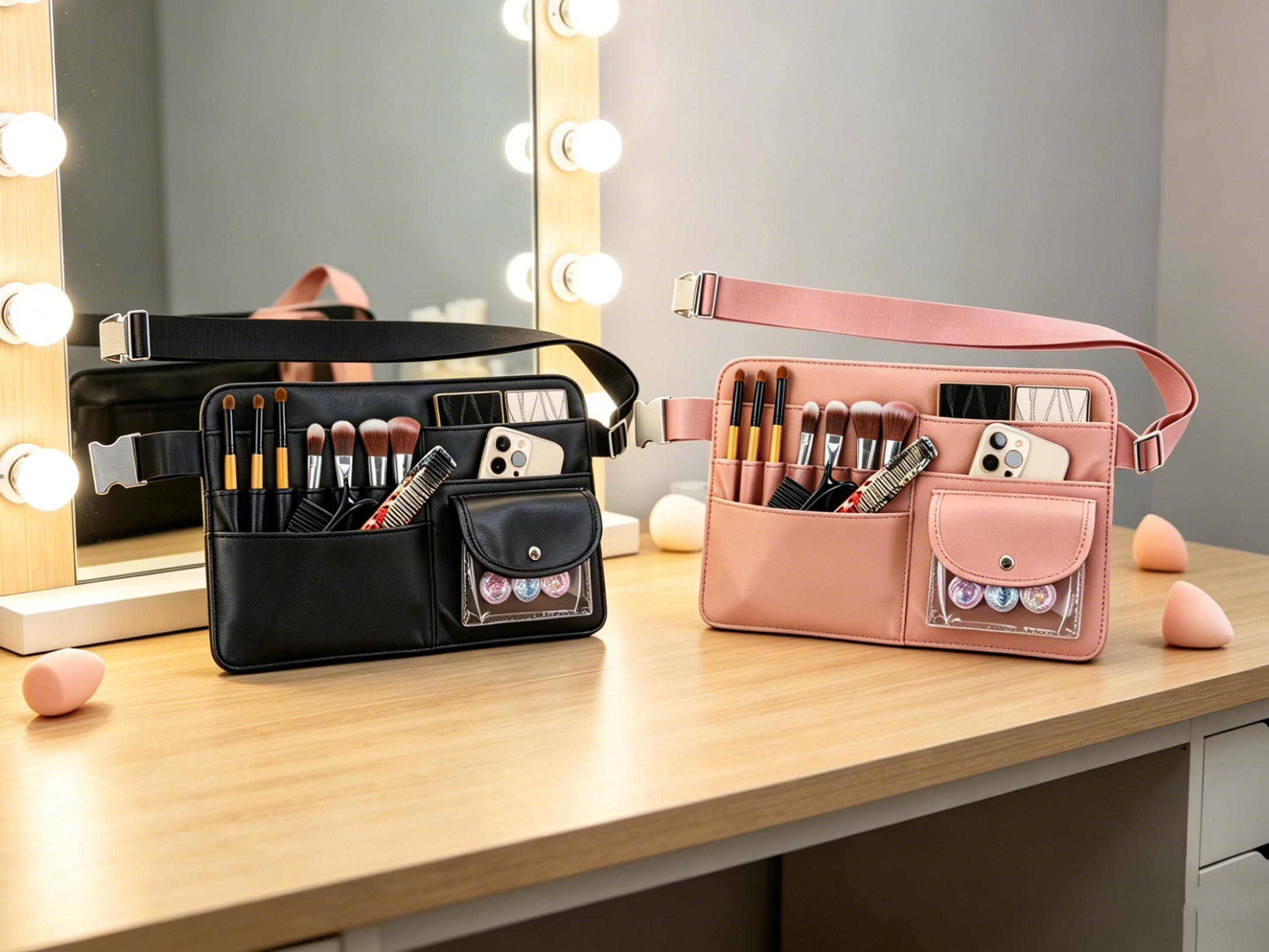 Professional makeup artist waist bag with makeup kit, large-capacity portable PU leather makeup brush storage bag, adjustable waist bag, multi-functional storage bag for beauticians and hairdressers, waterproof, wear-resistant and practical, Aidihua 042LZ