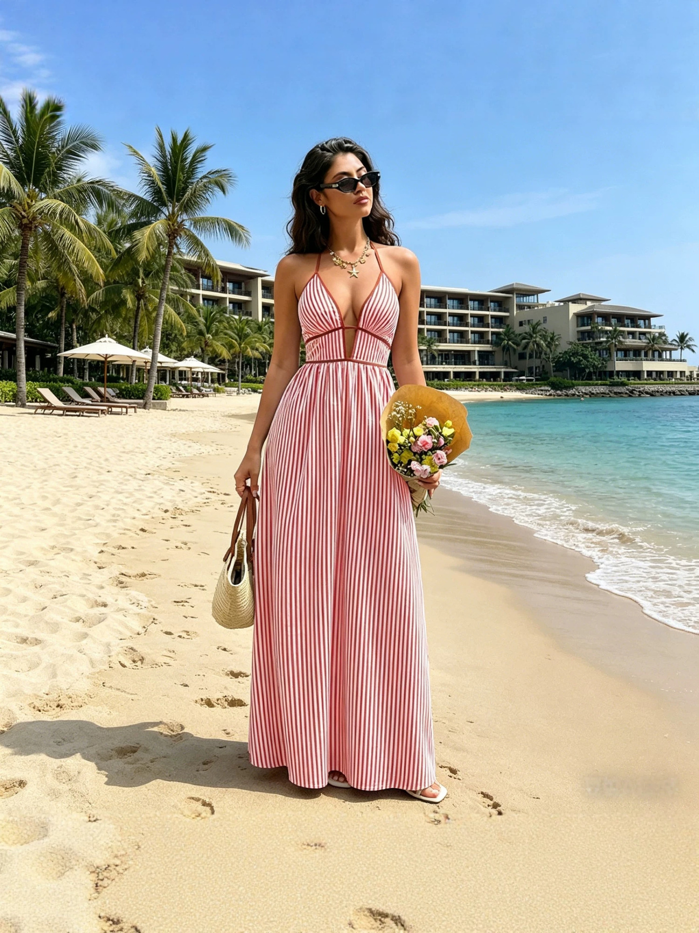 The new deep V-neck striped vacation dress of 2026 summer from Europe and America Foreign Trade is selling well. Sleeveless long dress Specification image
