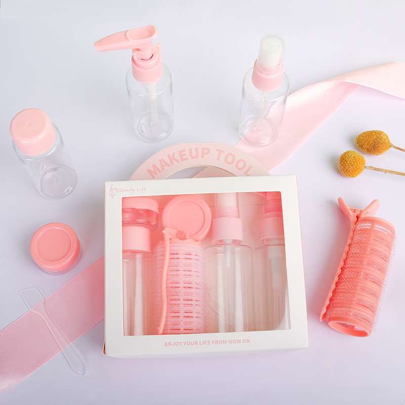 Portable travel portioned bottle set, gift box, empty cosmetic bottles with hair curls, for outdoor storage and portioned combination