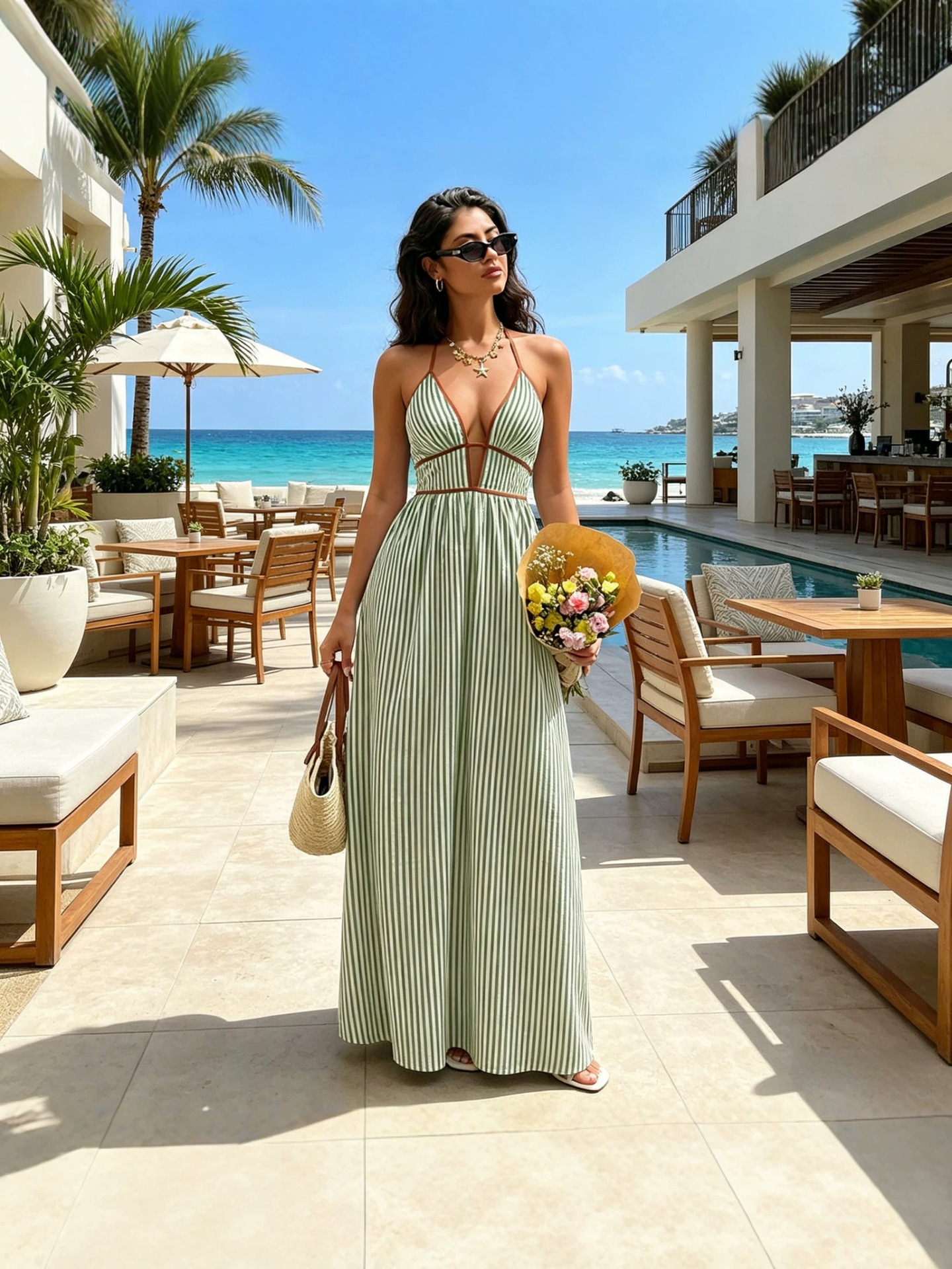 The new deep V-neck striped vacation dress of 2026 summer from Europe and America Foreign Trade is selling well. Sleeveless long dress Application Scenario