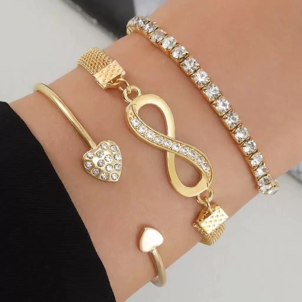 European and American fashion heart infinity symbol bracelet, women's diamond-encrusted open bracelet, gold and silver multiple wrist accessories