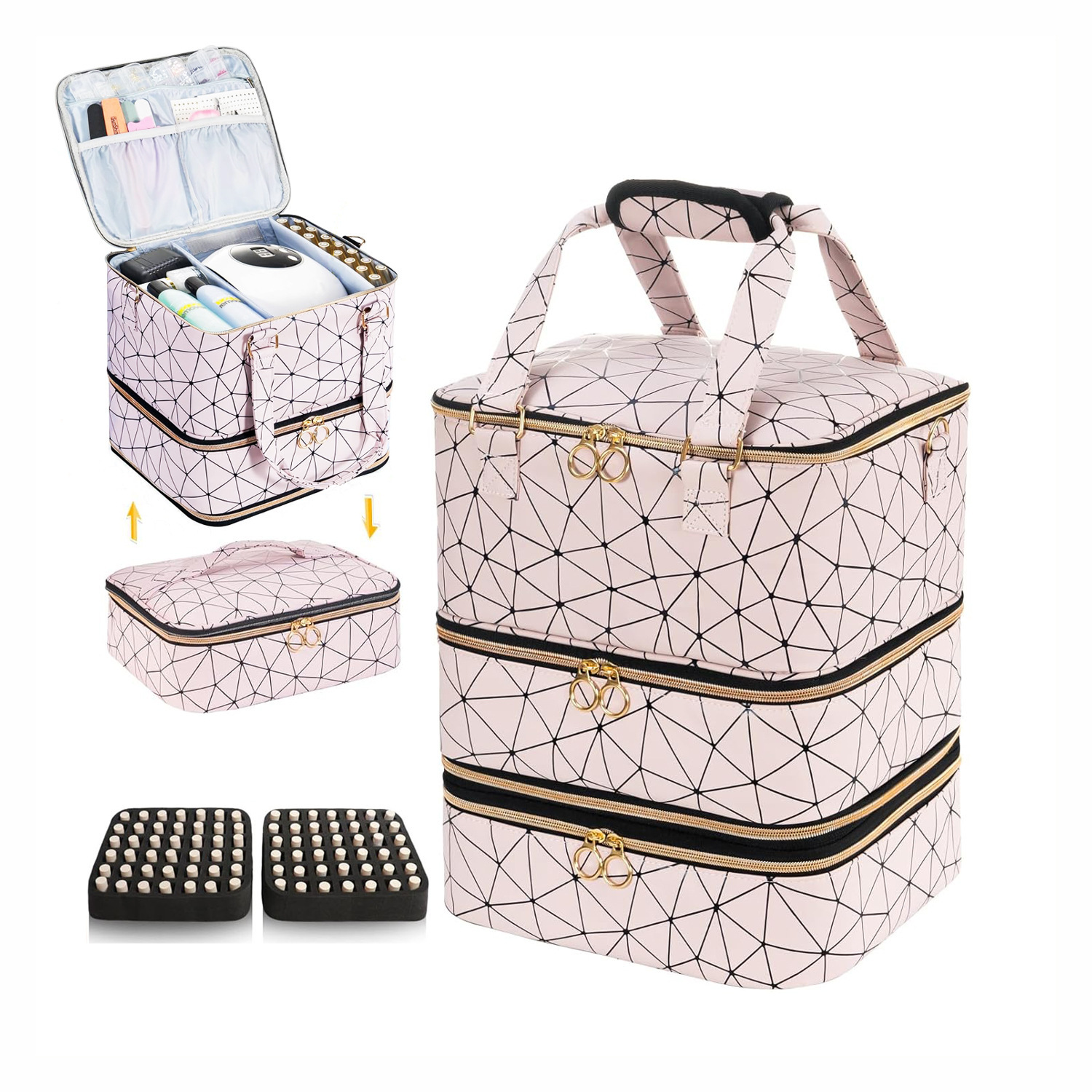 Geometric triangular pattern three-layer detachable nail art storage bag, large-capacity PU waterproof nail art toolbox, 84 bottles of nail polish tape, hand-held diagonal shoulder strap, portable nail art tool bag for nail artists, M2 Nail Art Aidihua