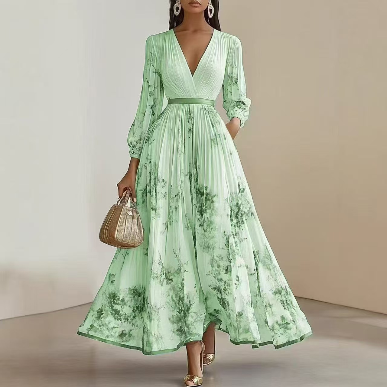 A popular long-sleeved printed vacation dress for cross-border European and American trade women's clothing, a long V-neck dress with a medium and elegant style Application Scenario
