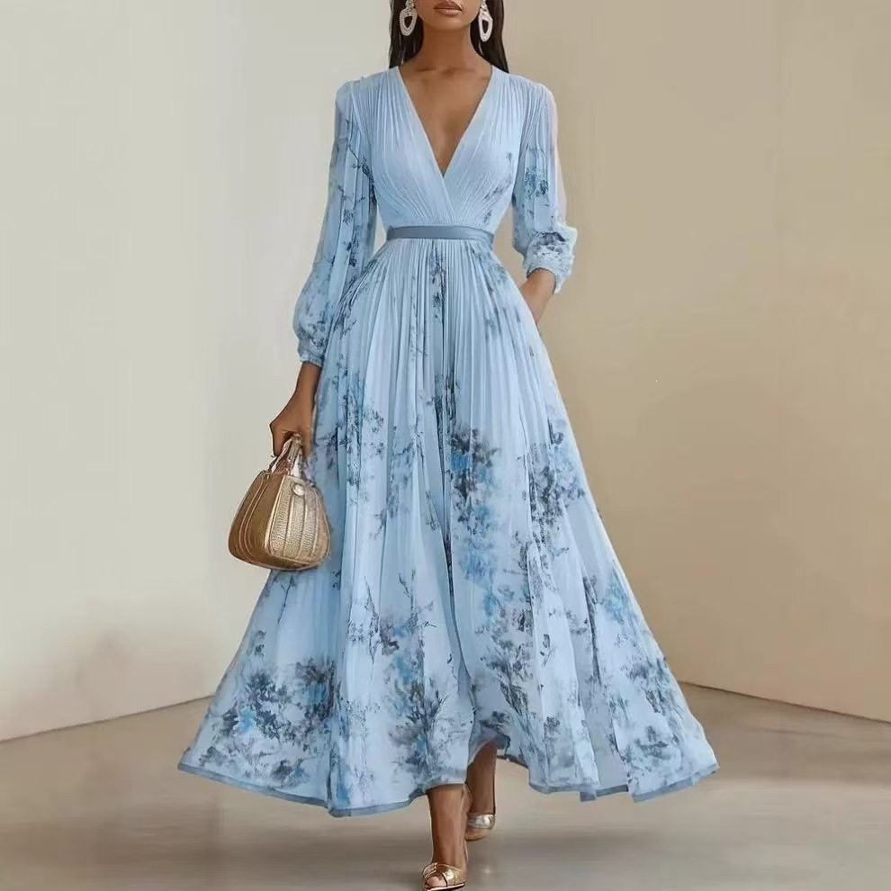 A popular long-sleeved printed vacation dress for cross-border European and American trade women's clothing, a long V-neck dress with a medium and elegant style Specification image