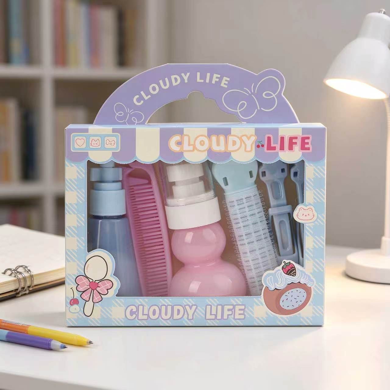CLOUDYLIFE Cute Girl Hair Care Set with dispenser bottle, spray bottle, curling iron and comb portable styling combination