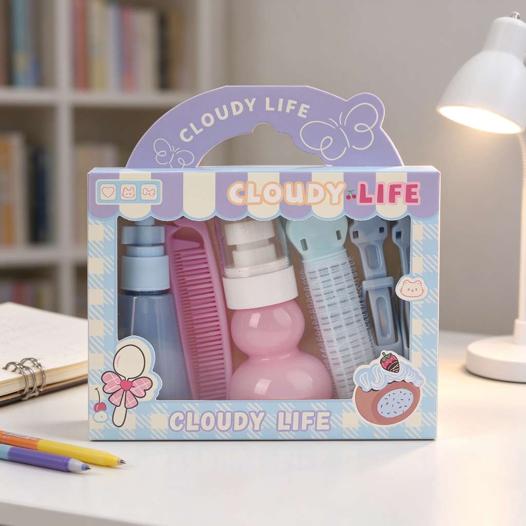 Macaron Pink, Purple and Blue Travel 6-piece portable empty bottle hairpin Comb travel set detail image 6