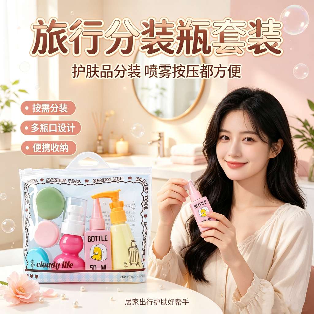 Cartoon travel portioned bottle set, multi-specification cosmetics portioned empty bottle set combination, portable skin care storage for going out detail image 1