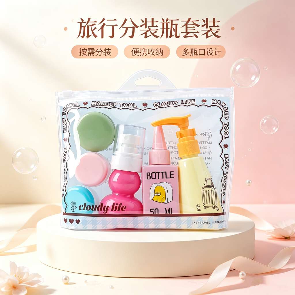 Cartoon travel portioned bottle set, multi-specification cosmetics portioned empty bottle set combination, portable skin care storage for going out details Picture