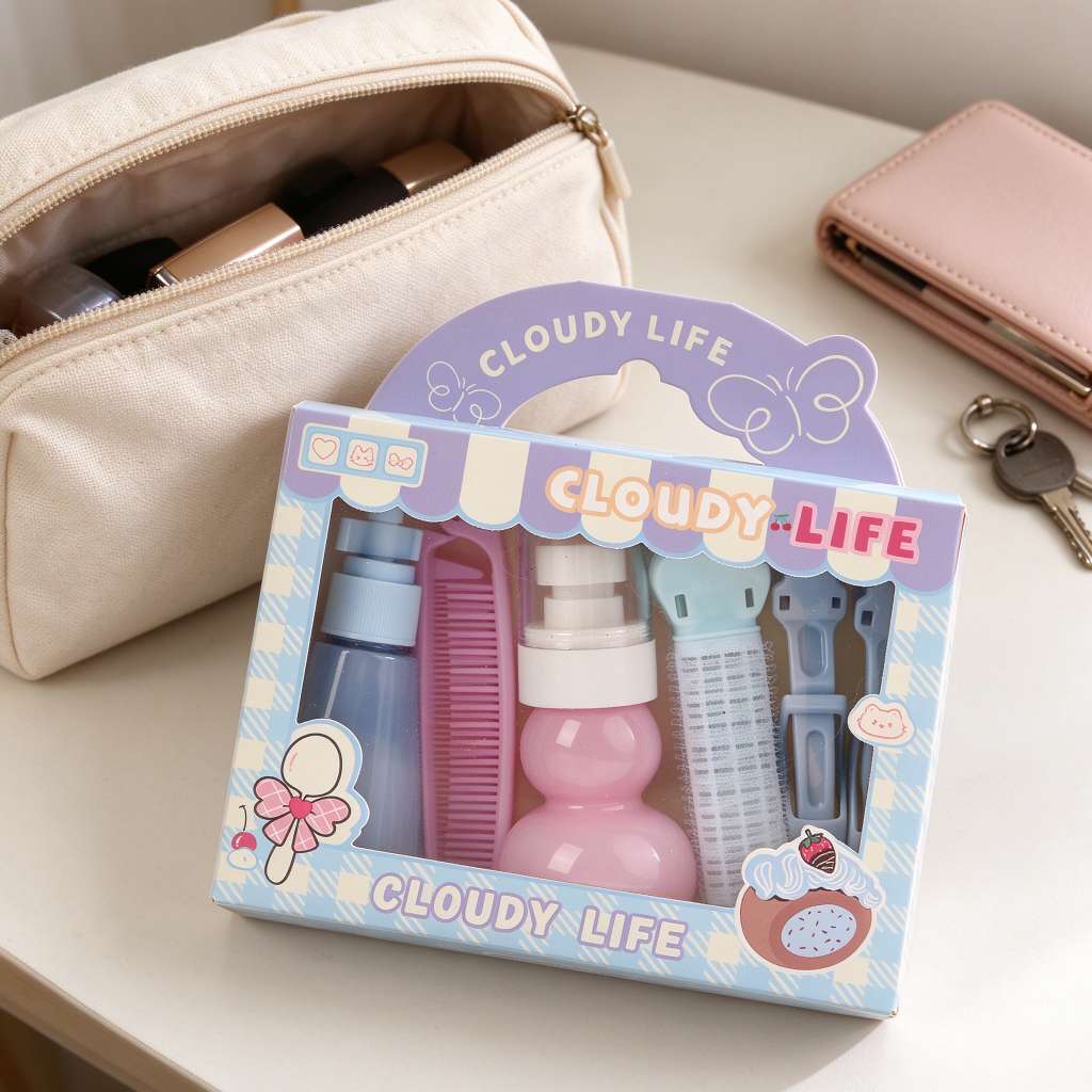 Macaron Pink, Purple and Blue Travel 6-piece portable empty bottle hairpin Comb travel set detail image 5