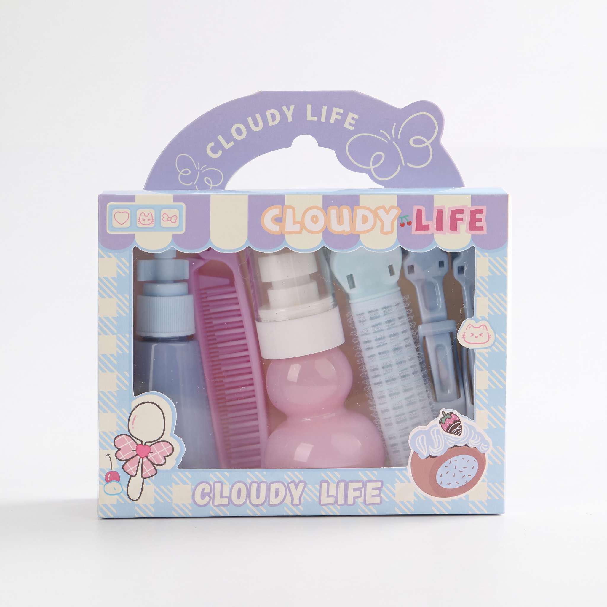 Macaron Pink, Purple and Blue Travel 6-piece portable empty bottle hairpin Comb travel set Application Scenario