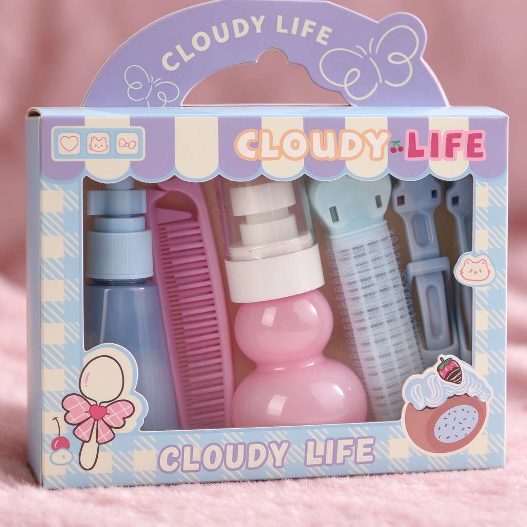 Macaron Pink, Purple and Blue Travel 6-piece portable empty bottle hairpin Comb travel set Specification image