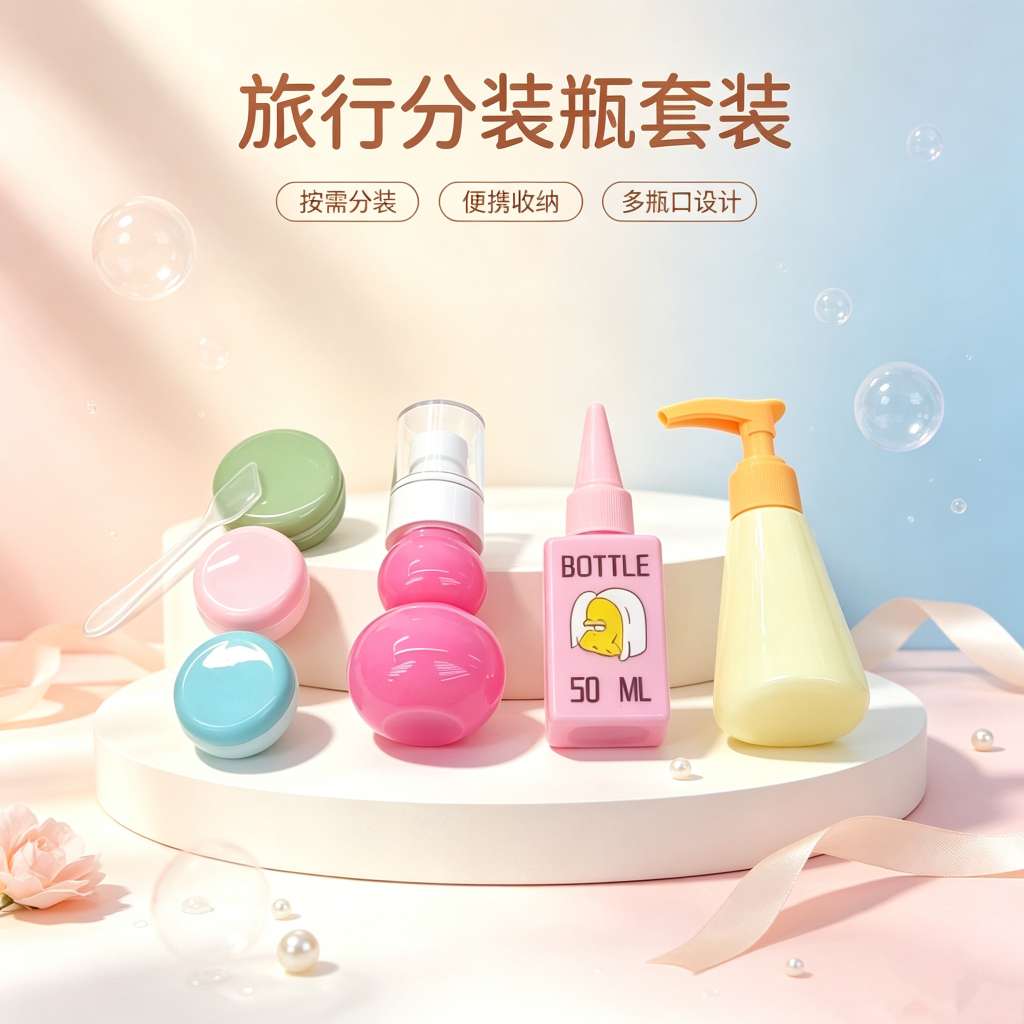 Cartoon travel portioned bottle set, multi-specification cosmetics portioned empty bottle set combination, portable skin care storage for going out Specification image