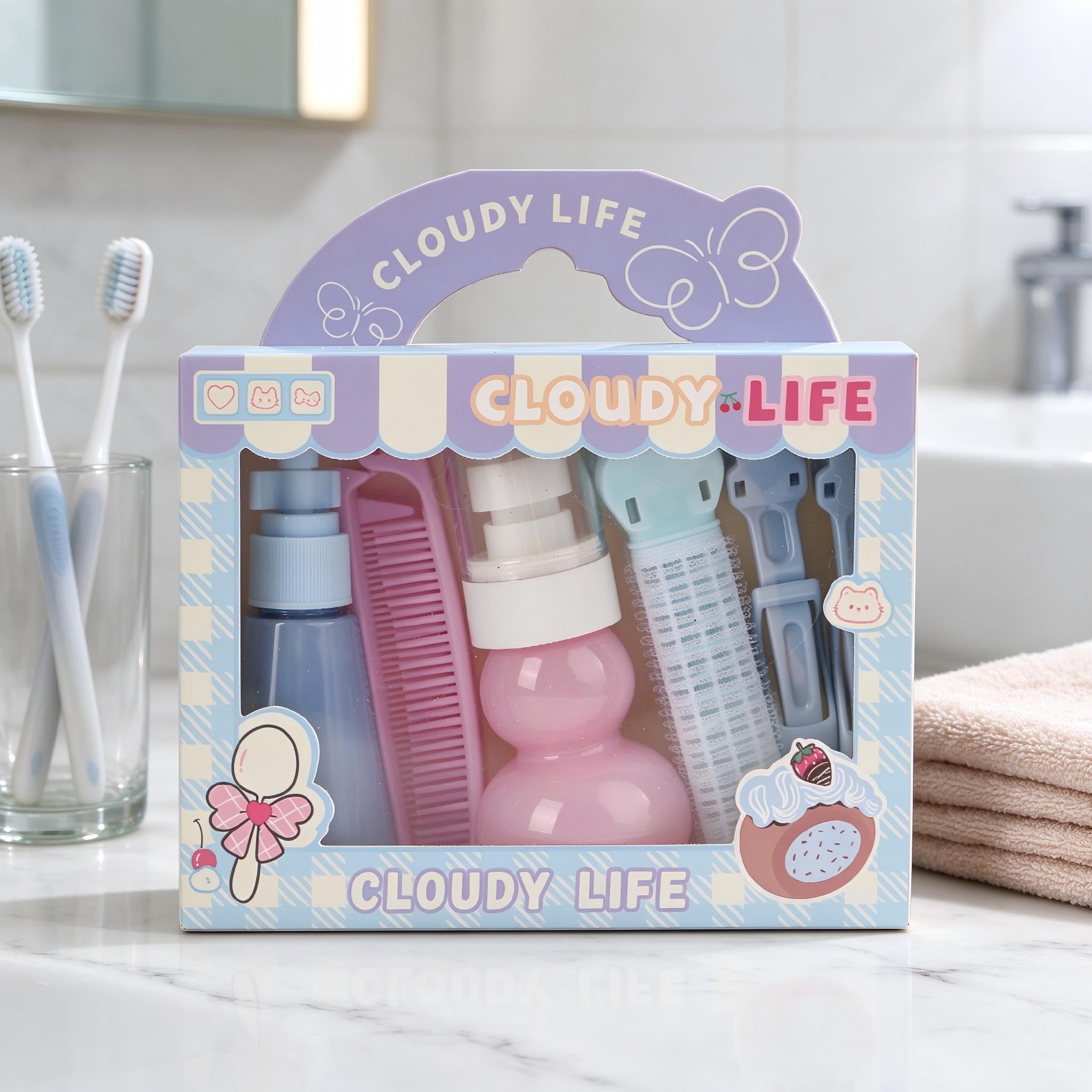 Macaron Pink, Purple and Blue Travel 6-piece portable empty bottle hairpin Comb travel set details Picture