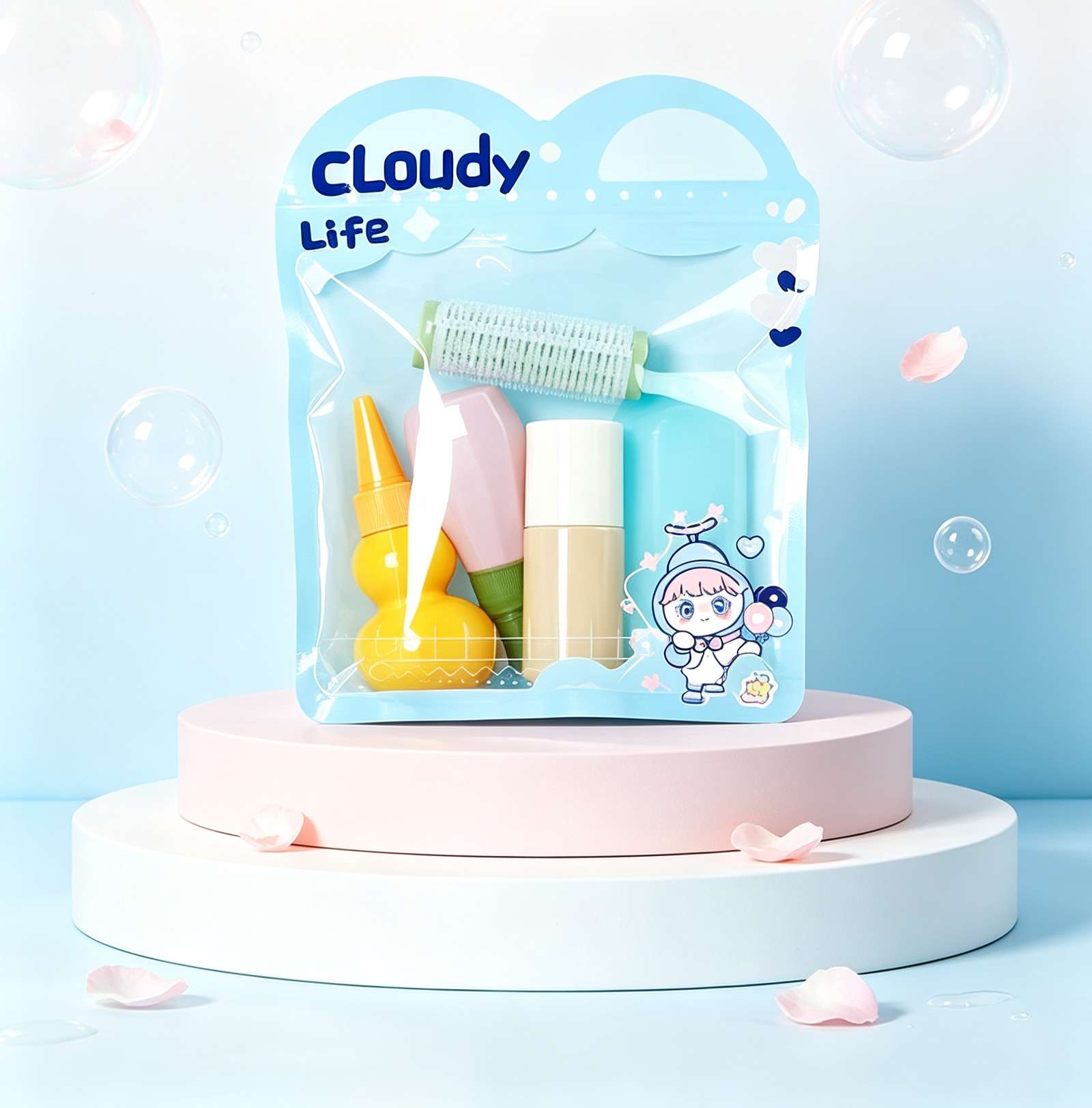 مجموعة لوازم السفر كلودي ليف (Cloudy Live) في علب مستحضرات التجميل في ماكارون، مستحضرات مستحضرات التجميل، Specification image