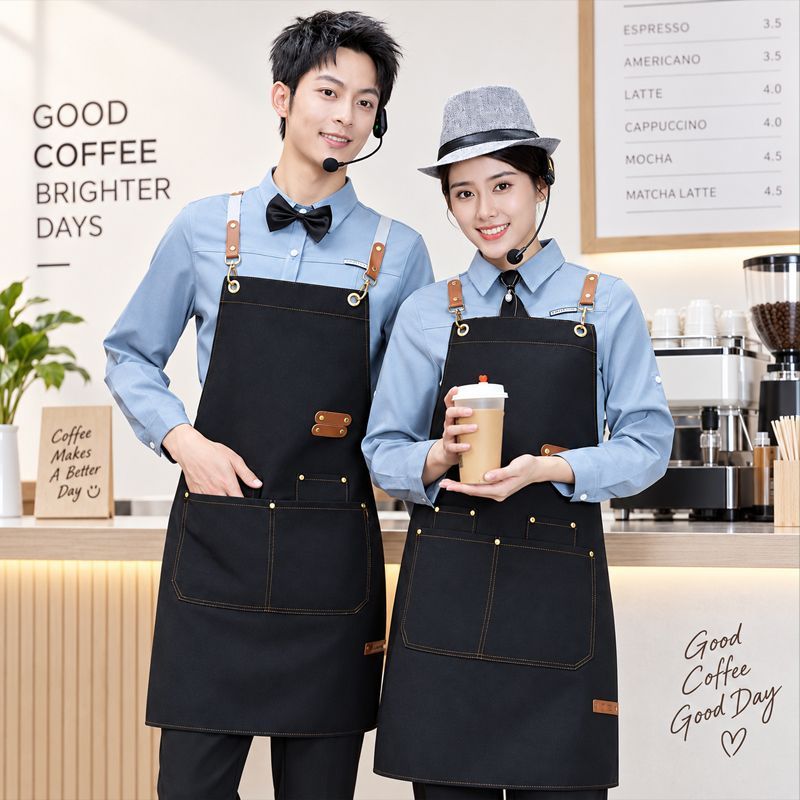 Customized canvas apron with logo printing, work clothes for waiters and waitresses in restaurants, coffee shops, hot pot restaurants, oil-proof and water-proof waistbands detail image 18
