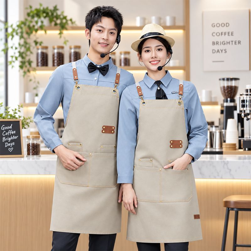 Customized canvas apron with logo printing, work clothes for waiters and waitresses in restaurants, coffee shops, hot pot restaurants, oil-proof and water-proof waistbands detail image 19