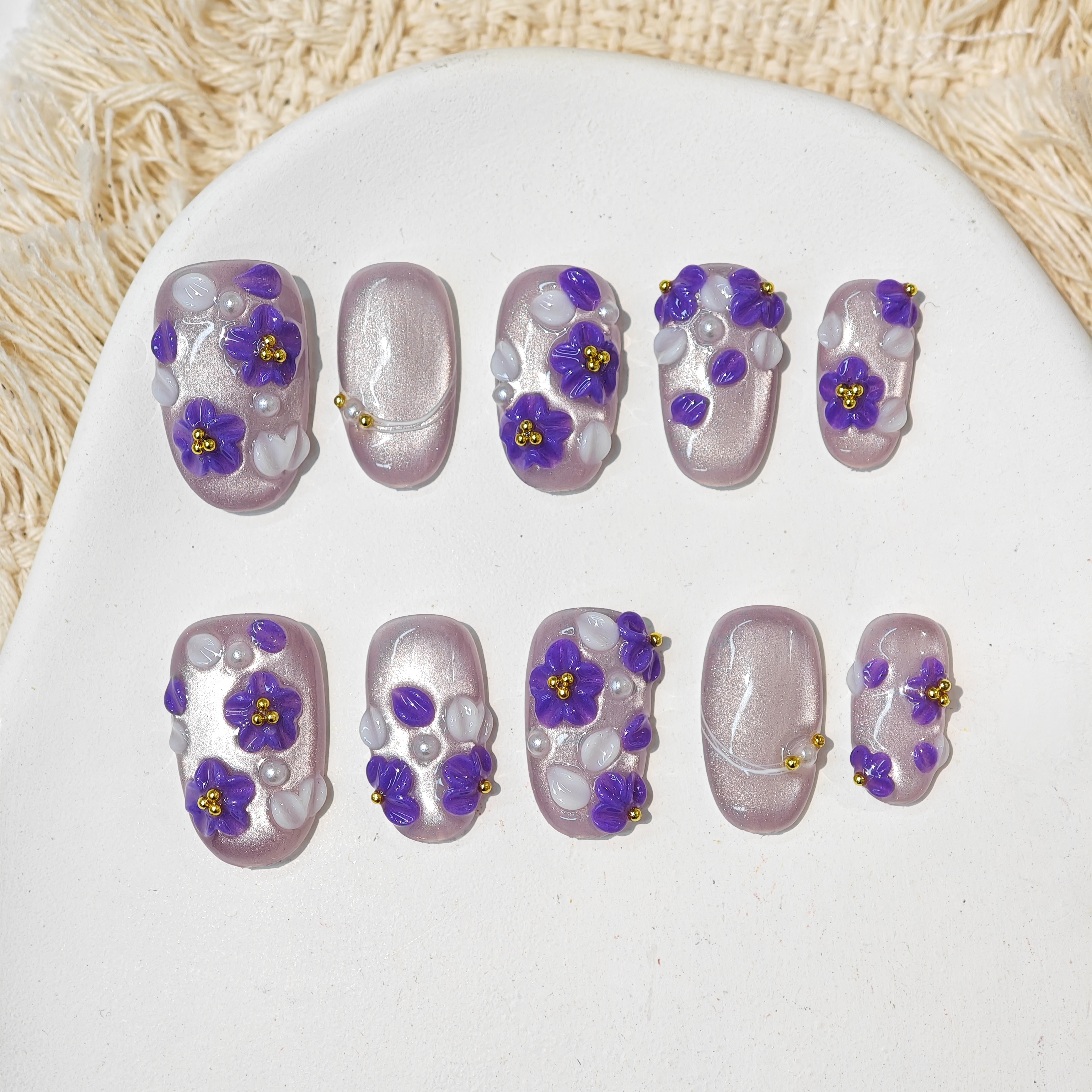  T.Nails 卡通美甲穿戴甲手绘纯手工可爱儿童少女穿戴甲紫色花朵装饰手工穿戴甲美甲贴片欧美风格简约时尚指甲片装饰用品