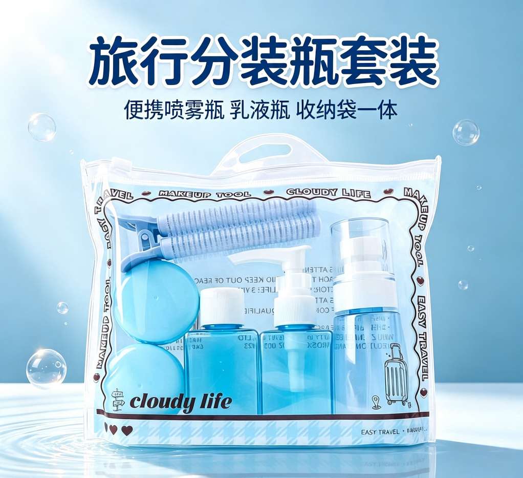 Travel portioning bottle set, portable personal care empty bottle with fluffy clip, lotion spray bottle, macaron storage box, business trip and travel portioning tools