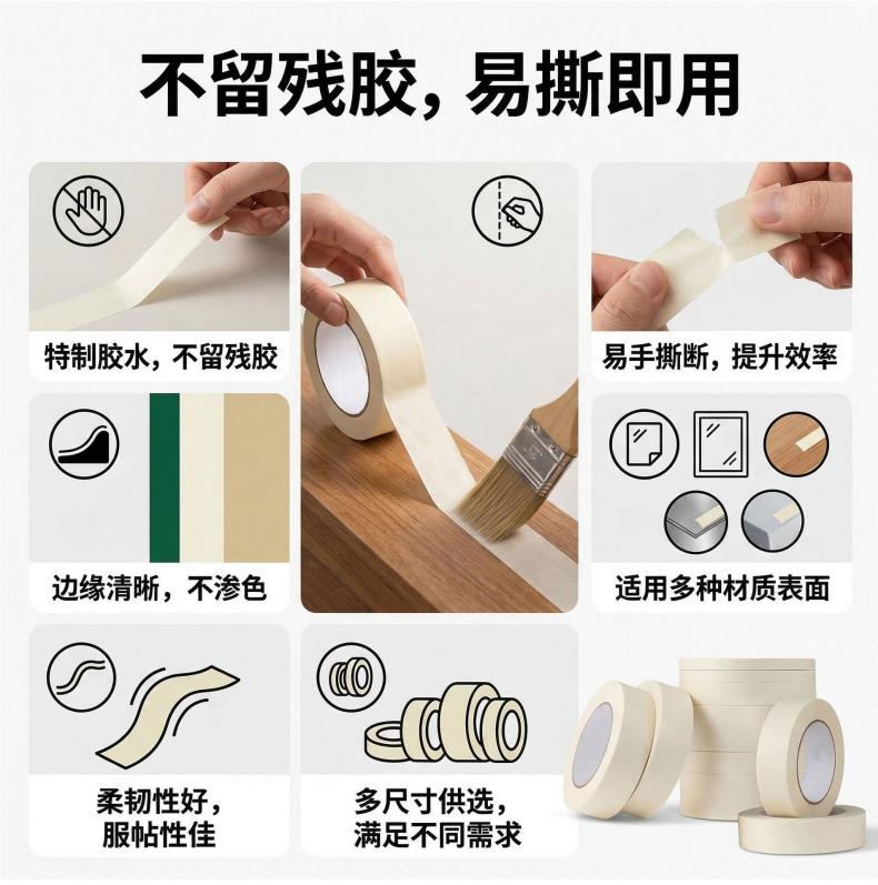 High-viscosity masking tape rolls, heat-resistant nano Teflon dot decorative pasting products, beige high-temperature resistant tape pic 5