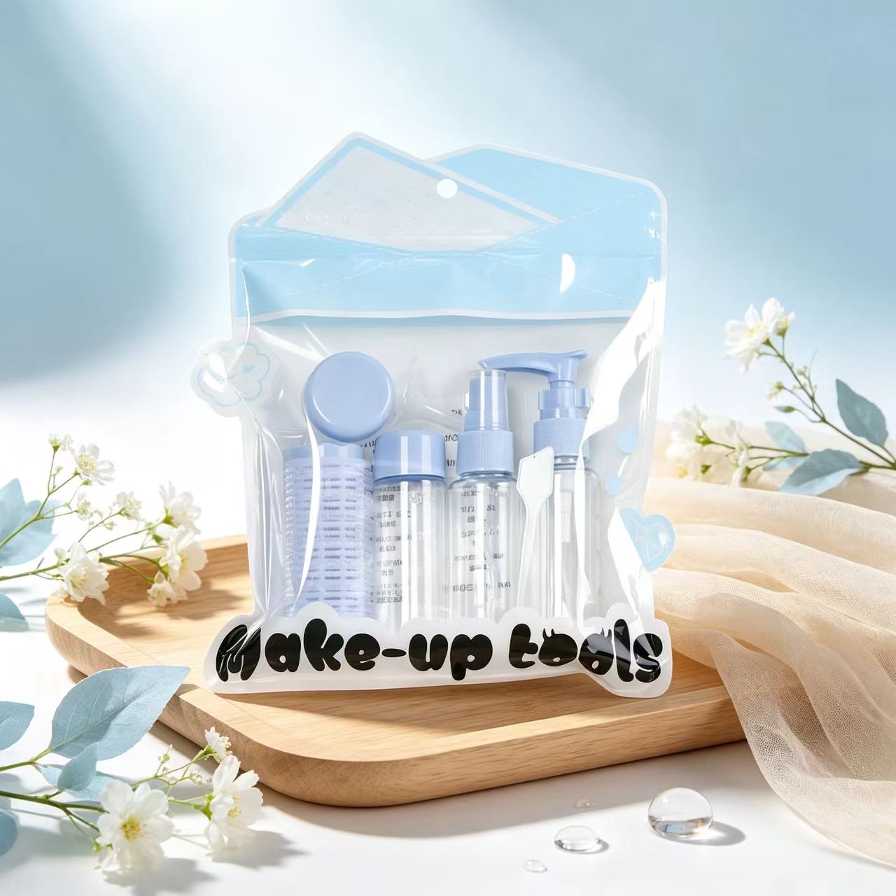 Travel beauty product packaging tool set, multi-piece set, portable hair care empty bottle, spray pump bottle, face cream bottle with comb, skin care product packaging combination manufacturer, in stock and wholesale
