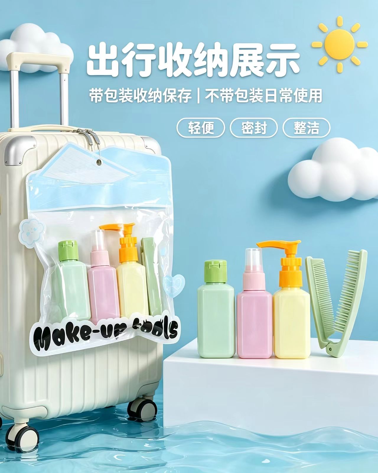 Macaron color travel portioned bottle set, empty bottle for personal care with folding comb, portable skin care product portioned combination, travel storage, beauty tools manufacturer's wholesale in stock